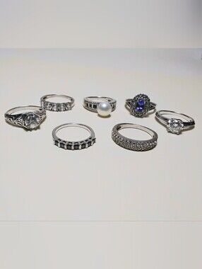 925 Silver 7 Ring Lot Sz 7&7-1/2 Moissanite, Pearl, Blue Diamond